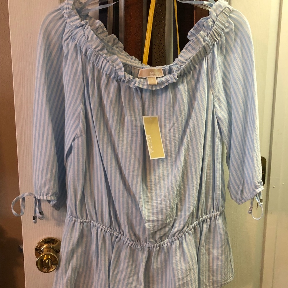 Michael Kors Blue & White Off-the-Shoulder Top